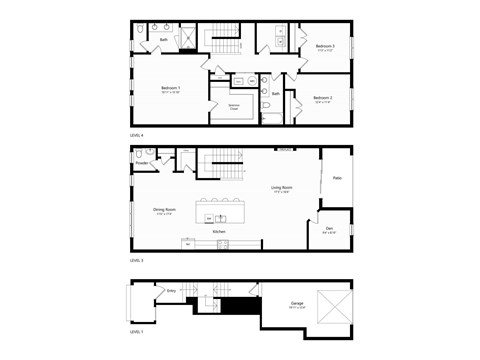 A set of three floor plans for different levels of a building.